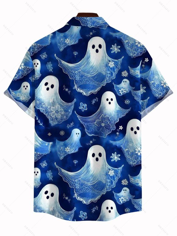 Men's Halloween Shirt Cute Ghost Floral Print Button Up Shirt - Bleu profond XL