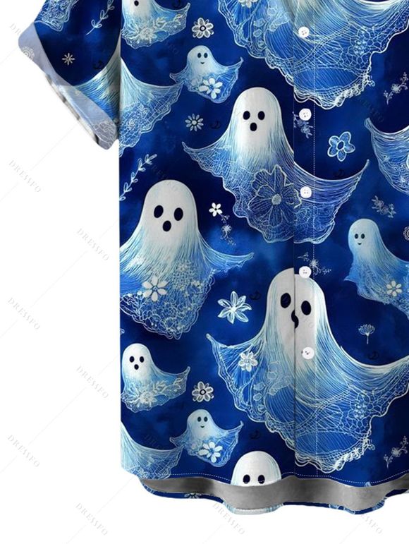 Men's Halloween Shirt Cute Ghost Floral Print Button Up Shirt - Bleu profond XL