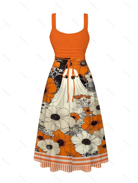Vintage Halloween Dress Ghost Floral Striped Print Tied Back Square Neck A Line Dress - Orange XXL | US 14