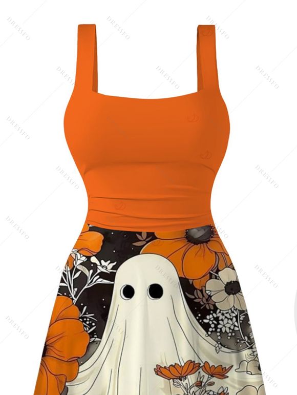 Vintage Halloween Dress Ghost Floral Striped Print Tied Back Square Neck A Line Dress - Orange XXL | US 14