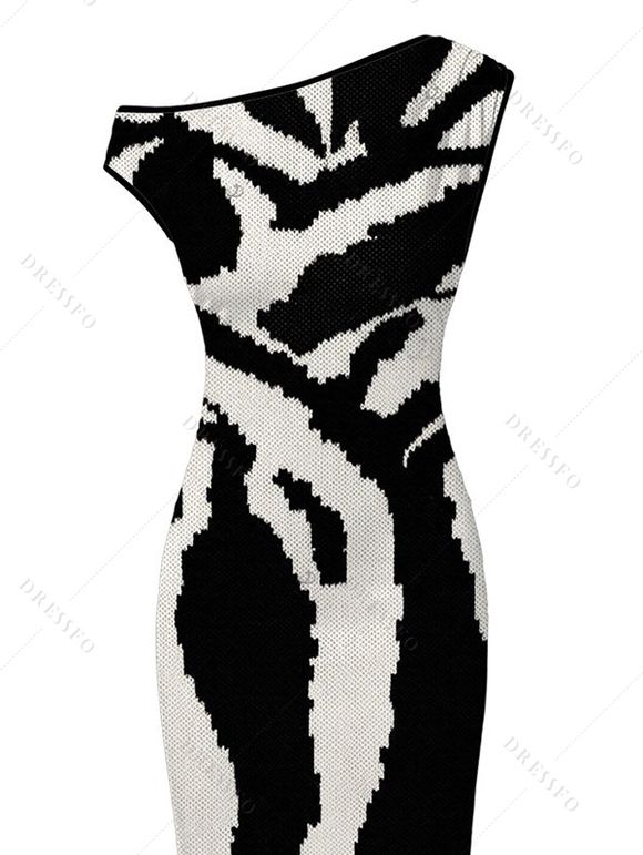 Vacation Dress Abstract Geometric Line Print Ruched Skew Neck Bodycon Dress - Noir XXL | US 14