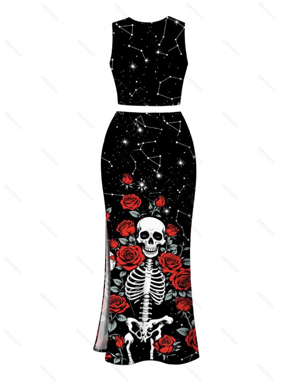 Halloween Gothic Women Outfit Skulls Rose Floral Galaxy Print Cropped Tank Top and Slit Bodycon Skirt Set - Noir XXL | US 14