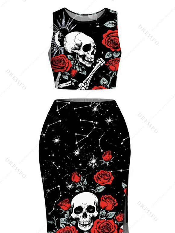 Halloween Gothic Women Outfit Skulls Rose Floral Galaxy Print Cropped Tank Top and Slit Bodycon Skirt Set - Noir XXL | US 14