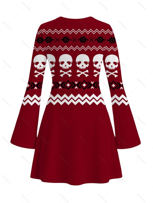 Halloween Gothic Sweater Dress Skulls Zig Zag Geometric Print Bell Sleeve A Line Mini Dress - Rouge Vineux XXL | US 14