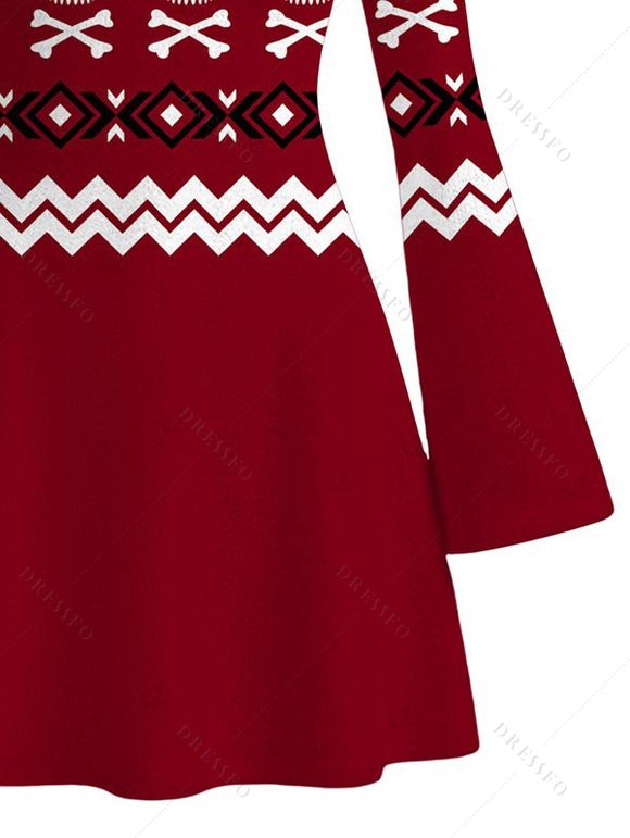 Halloween Gothic Sweater Dress Skulls Zig Zag Geometric Print Bell Sleeve A Line Mini Dress - Rouge Vineux XXL | US 14