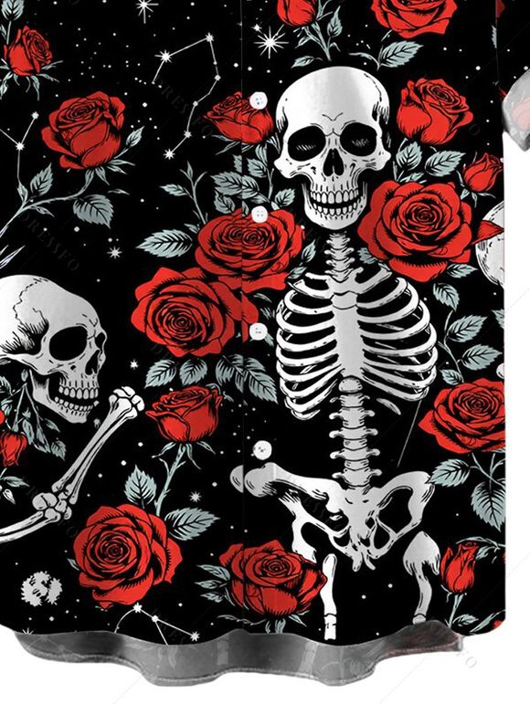 Men's Halloween Gothic Shirt Skulls Rose Floral Galaxy Print Button Up Shirt - Noir 5XL