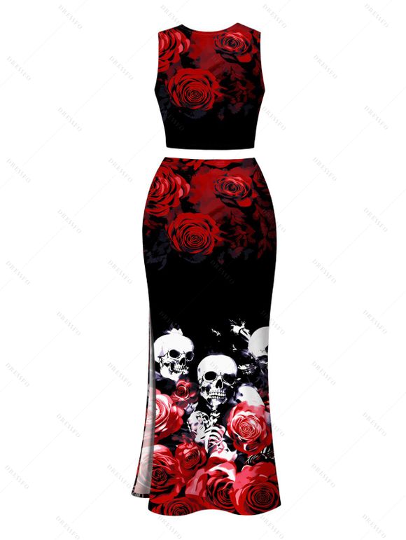 Gothic Women Outfit Rose Floral Skulls Print Cropped Tank Top and Bodycon Slit Skirt Set - Noir XXL | US 14