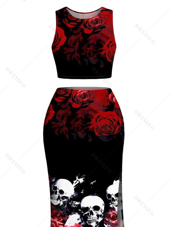 Gothic Women Outfit Rose Floral Skulls Print Cropped Tank Top and Bodycon Slit Skirt Set - Noir XXL | US 14