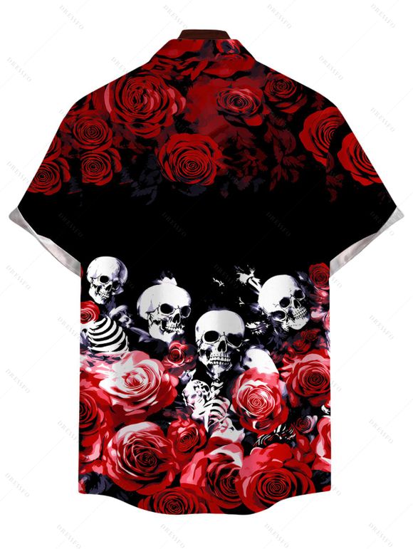 Men's Gothic Shirt Rose Floral Skulls Print Button Up Shirt - Noir 5XL