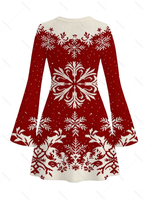 Vintage Christmas Sweater Dress Colorblock Snowflake Print Bell Sleeve A Line Mini Dress - Rouge foncé L | US 8-10