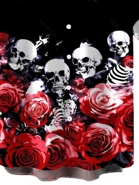 Men's Gothic Shirt Rose Floral Skulls Print Button Up Shirt - Noir 5XL
