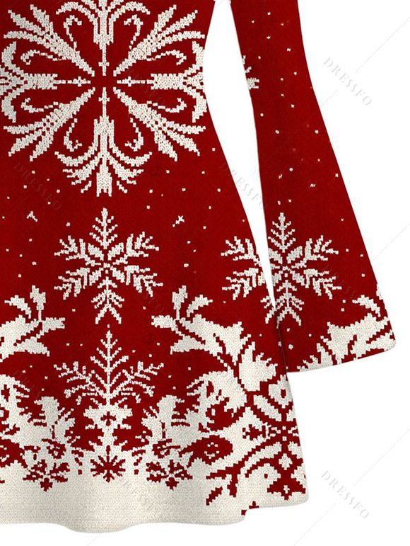 Vintage Christmas Sweater Dress Colorblock Snowflake Print Bell Sleeve A Line Mini Dress - Rouge foncé L | US 8-10