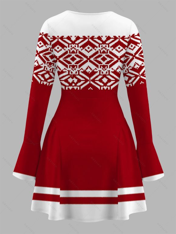 Vintage Christmas Dress Pixel Geometric Colorblock Print Bowknot Bell Sleeve Sweetheart Neck A Line Mini Dress - Rouge Vineux M | US 6