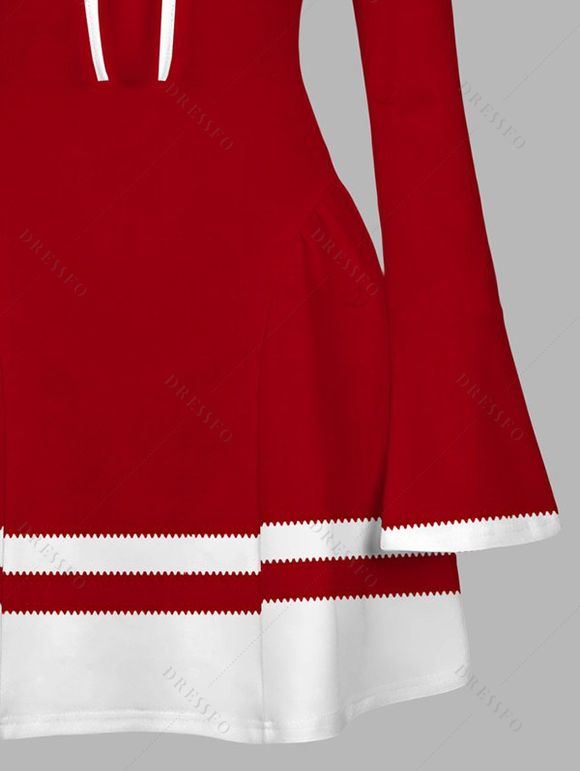 Vintage Christmas Dress Pixel Geometric Colorblock Print Bowknot Bell Sleeve Sweetheart Neck A Line Mini Dress - Rouge Vineux M | US 6