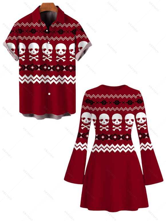 Halloween Gothic Couple Outfit Skulls Zig Zag Geometric Print Bell Sleeve A Line Mini Sweater Dress and Shirt Set - Rouge Vineux S | US 4