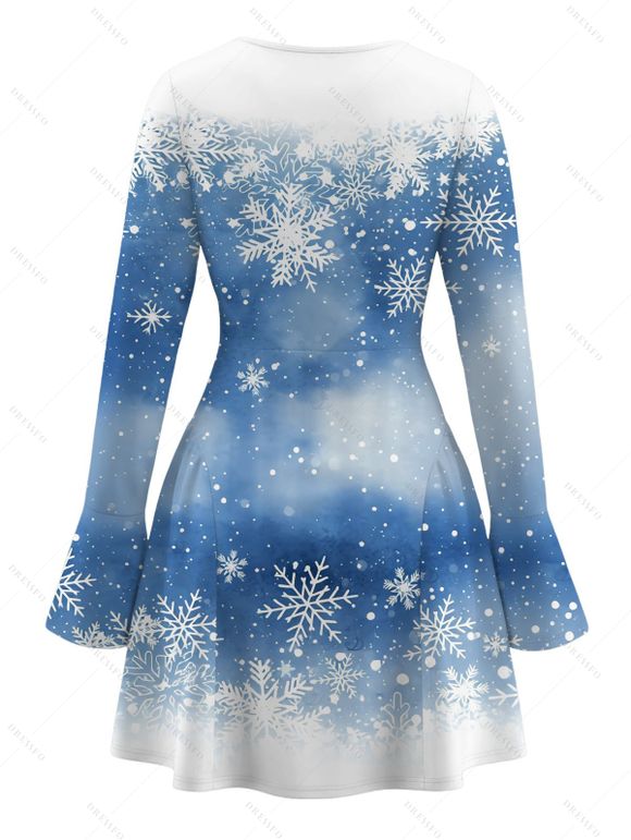 Christmas Dress Snowflake Tie Dye Print Bowknot Bell Sleeve Sweetheart Neck A Line Mini Dress - Bleu Poudre L | US 8-10