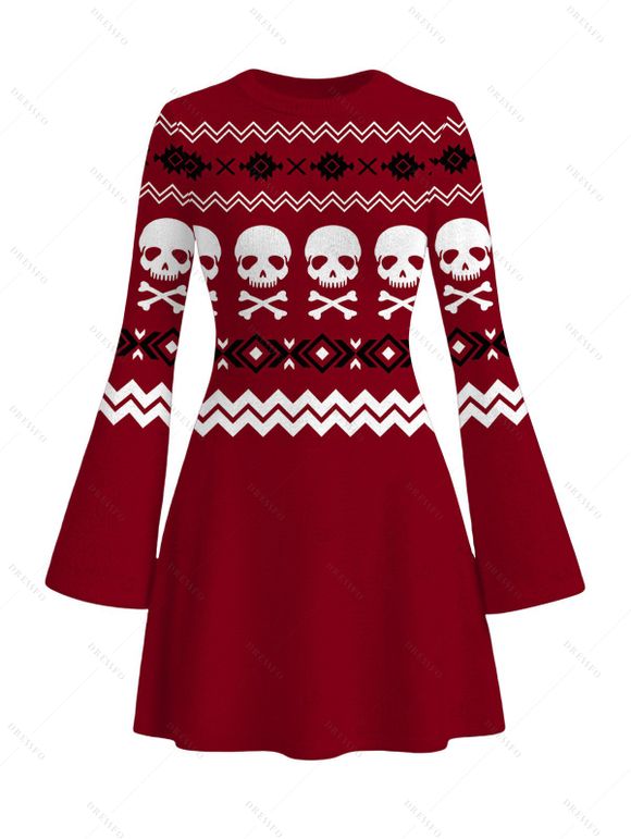 Halloween Gothic Couple Outfit Skulls Zig Zag Geometric Print Bell Sleeve A Line Mini Sweater Dress and Shirt Set - Rouge Vineux S | US 4