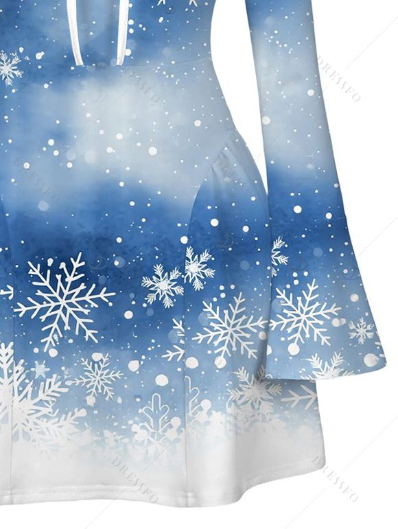 Christmas Dress Snowflake Tie Dye Print Bowknot Bell Sleeve Sweetheart Neck A Line Mini Dress - Bleu Poudre L | US 8-10
