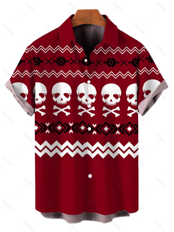 Halloween Gothic Couple Outfit Skulls Zig Zag Geometric Print Bell Sleeve A Line Mini Sweater Dress and Shirt Set - Rouge Vineux S | US 4