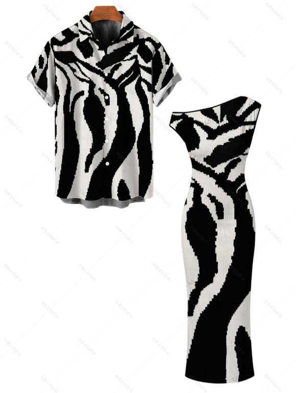 Vacation Couple Outfit Abstract Geometric Line Print Ruched Skew Neck Bodycon Dress and Shirt Set - Noir S | US 4