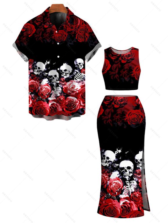 Gothic Couple Outfit Rose Floral Skulls Print Cropped Tank Top Bodycon Slit Skirt and Shirt Set - Noir S