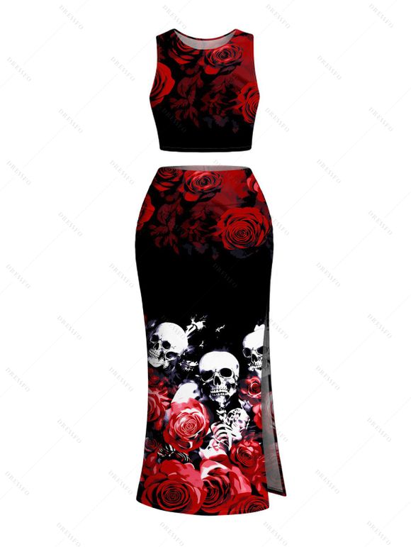 Gothic Couple Outfit Rose Floral Skulls Print Cropped Tank Top Bodycon Slit Skirt and Shirt Set - Noir S