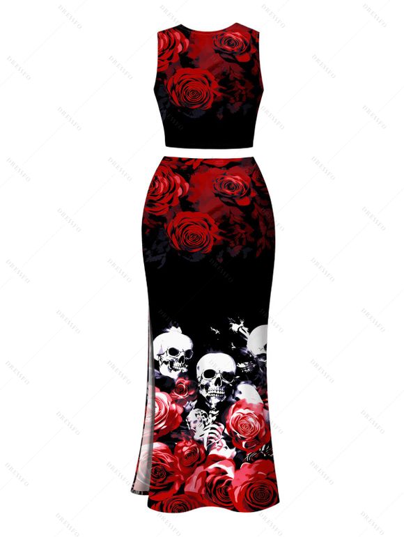 Gothic Couple Outfit Rose Floral Skulls Print Cropped Tank Top Bodycon Slit Skirt and Shirt Set - Noir S