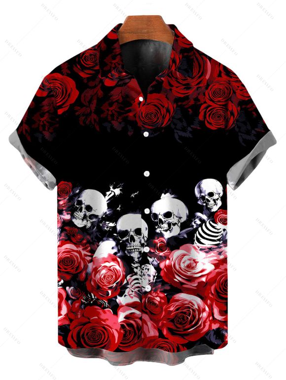 Gothic Couple Outfit Rose Floral Skulls Print Cropped Tank Top Bodycon Slit Skirt and Shirt Set - Noir S