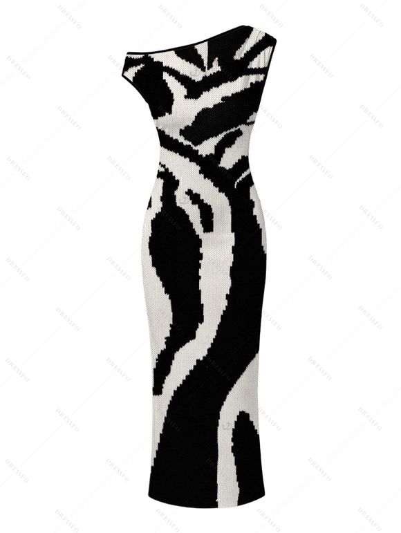 Vacation Couple Outfit Abstract Geometric Line Print Ruched Skew Neck Bodycon Dress and Shirt Set - Noir S | US 4