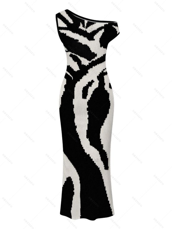 Vacation Couple Outfit Abstract Geometric Line Print Ruched Skew Neck Bodycon Dress and Shirt Set - Noir S | US 4