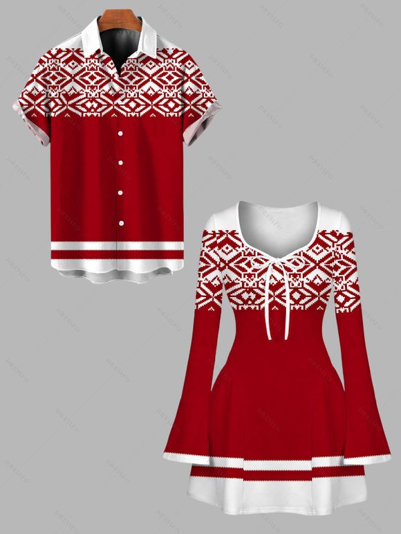 Vintage Christmas Couple Outfit Pixel Geometric Colorblock Print Bowknot Bell Sleeve Dress and Shirt Set - Rouge S | US 4