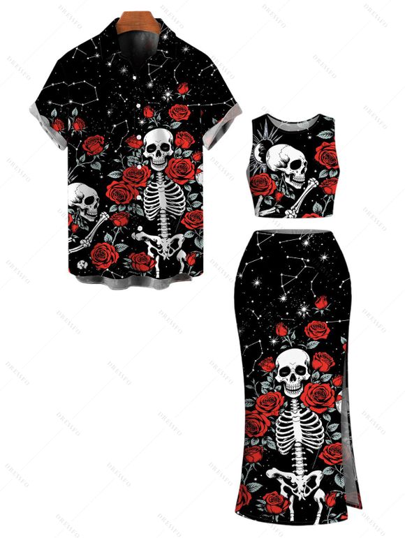 Halloween Gothic Couple Outfit Skulls Rose Floral Galaxy Print Cropped Tank Top Slit Bodycon Skirt and Shirt Set - Noir S | US 4