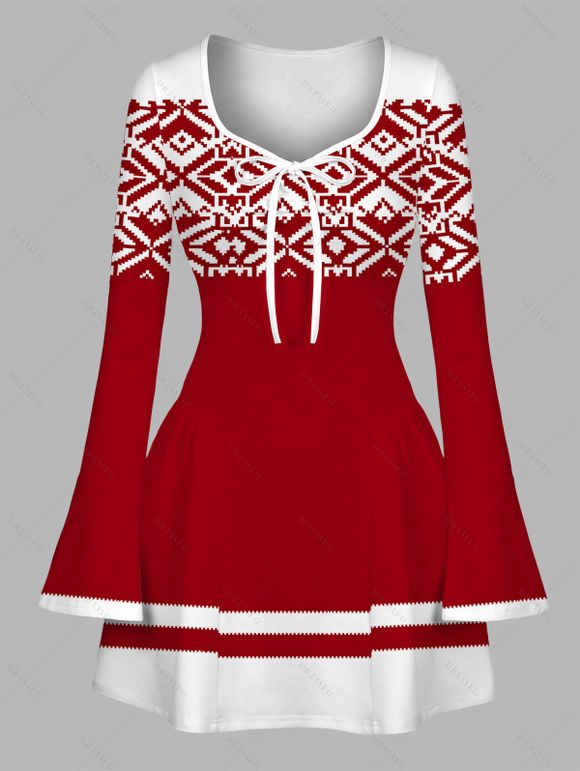Vintage Christmas Couple Outfit Pixel Geometric Colorblock Print Bowknot Bell Sleeve Dress and Shirt Set - Rouge S | US 4