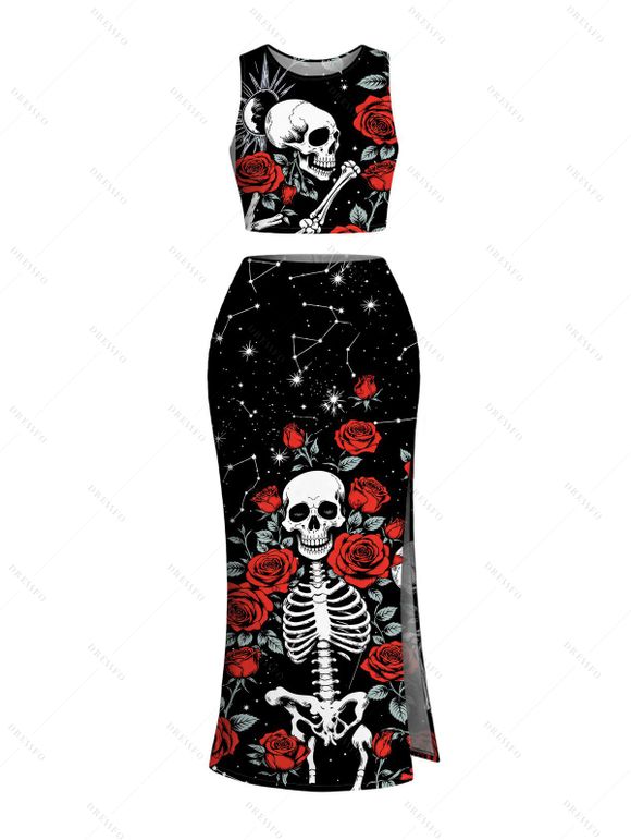 Halloween Gothic Couple Outfit Skulls Rose Floral Galaxy Print Cropped Tank Top Slit Bodycon Skirt and Shirt Set - Noir S | US 4
