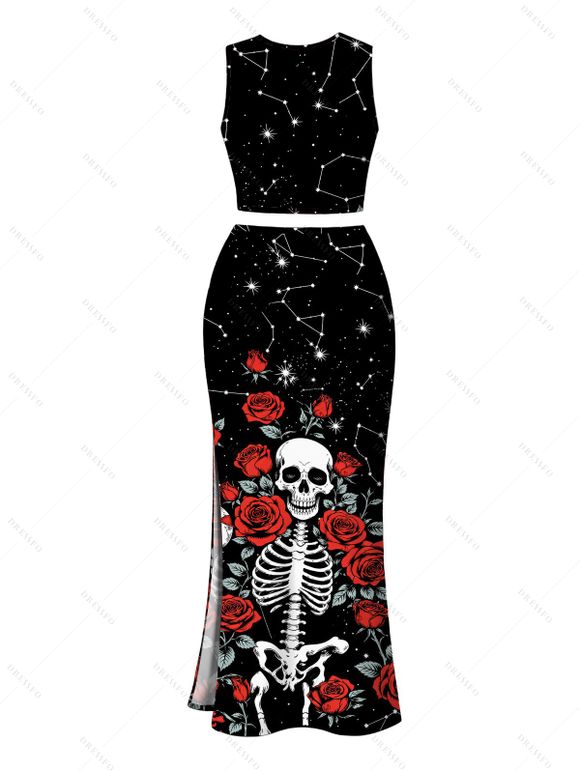Halloween Gothic Couple Outfit Skulls Rose Floral Galaxy Print Cropped Tank Top Slit Bodycon Skirt and Shirt Set - Noir S | US 4