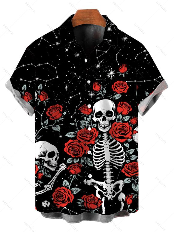 Halloween Gothic Couple Outfit Skulls Rose Floral Galaxy Print Cropped Tank Top Slit Bodycon Skirt and Shirt Set - Noir S | US 4