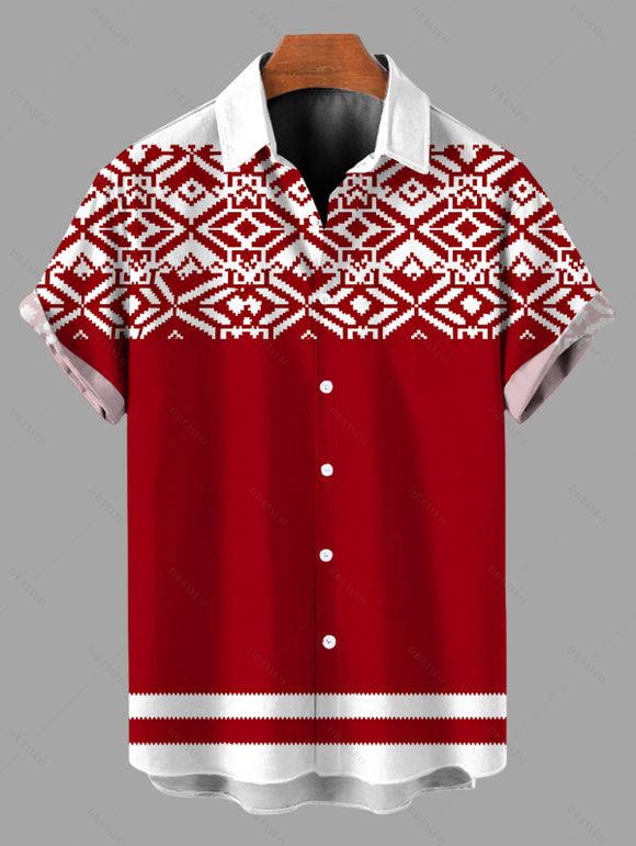 Vintage Christmas Couple Outfit Pixel Geometric Colorblock Print Bowknot Bell Sleeve Dress and Shirt Set - Rouge S | US 4