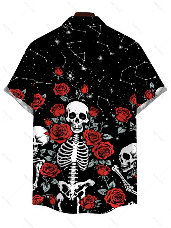 Halloween Gothic Couple Outfit Skulls Rose Floral Galaxy Print Cropped Tank Top Slit Bodycon Skirt and Shirt Set - Noir S | US 4