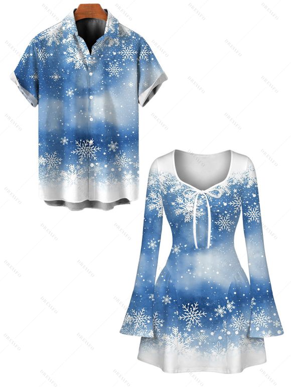 Christmas Couple Outfit Snowflake Tie Dye Print Bowknot Bell Sleeve Sweetheart Neck A Line Mini Dress and Shirt Set - Bleu Poudre S | US 4
