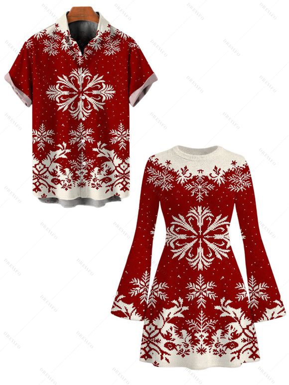 Vintage Christmas Couple Outfit Colorblock Snowflake Print Bell Sleeve A Line Mini Sweater Dress and Shirt Set - Rouge Vineux S | US 4