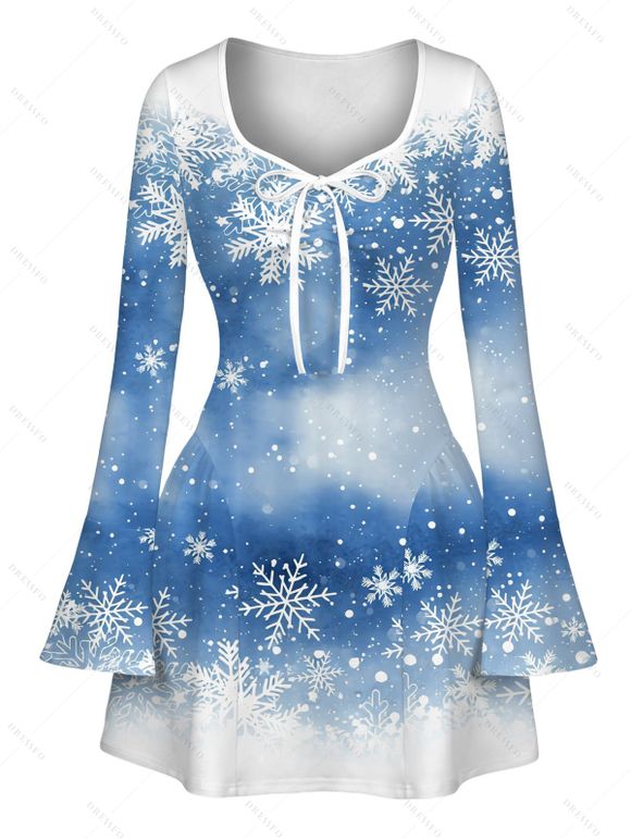Christmas Couple Outfit Snowflake Tie Dye Print Bowknot Bell Sleeve Sweetheart Neck A Line Mini Dress and Shirt Set - Bleu Poudre S | US 4