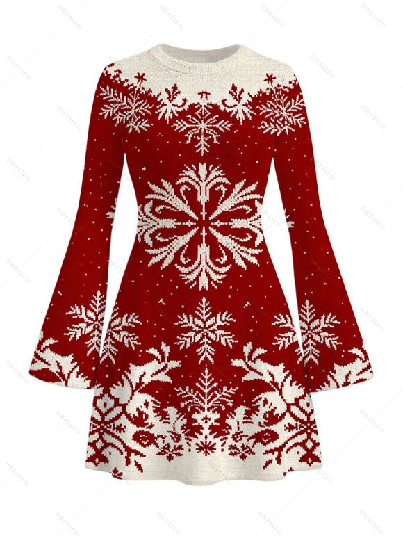 Vintage Christmas Couple Outfit Colorblock Snowflake Print Bell Sleeve A Line Mini Sweater Dress and Shirt Set - Rouge Vineux S | US 4