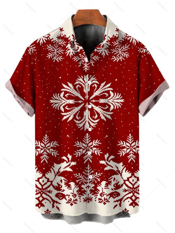 Vintage Christmas Couple Outfit Colorblock Snowflake Print Bell Sleeve A Line Mini Sweater Dress and Shirt Set - Rouge Vineux S | US 4