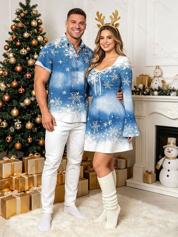 Christmas Couple Outfit Snowflake Tie Dye Print Bowknot Bell Sleeve Sweetheart Neck A Line Mini Dress and Shirt Set - Bleu Poudre S | US 4