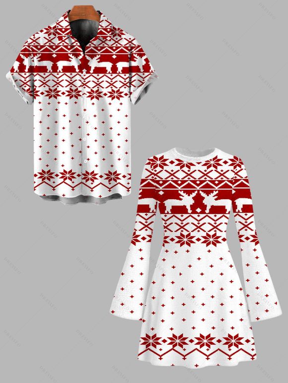 Christmas Couple Outfit Elk Snowflake Geometric Print Bell Sleeve A Line Mini Dress and Shirt Set - Blanc S | US 4