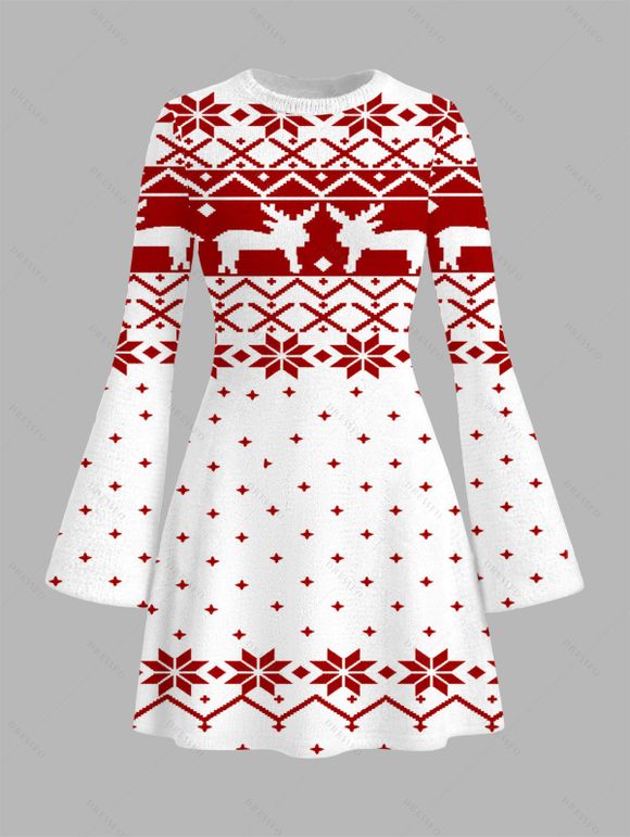 Christmas Couple Outfit Elk Snowflake Geometric Print Bell Sleeve A Line Mini Dress and Shirt Set - Blanc S | US 4