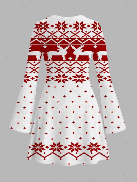 Christmas Dress Elk Snowflake Geometric Print Bell Sleeve A Line Mini Dress - Blanc XXL | US 14