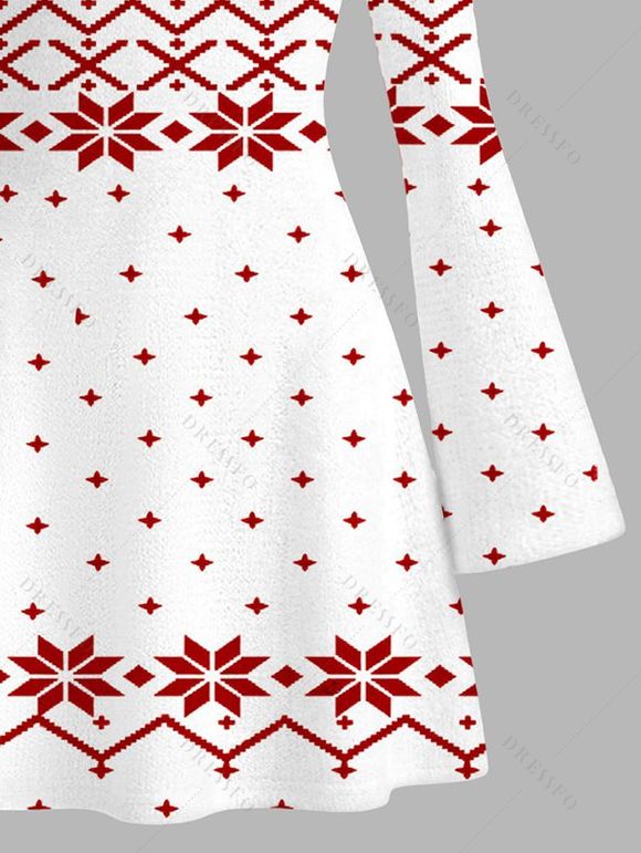 Christmas Dress Elk Snowflake Geometric Print Bell Sleeve A Line Mini Dress - Blanc XXL | US 14