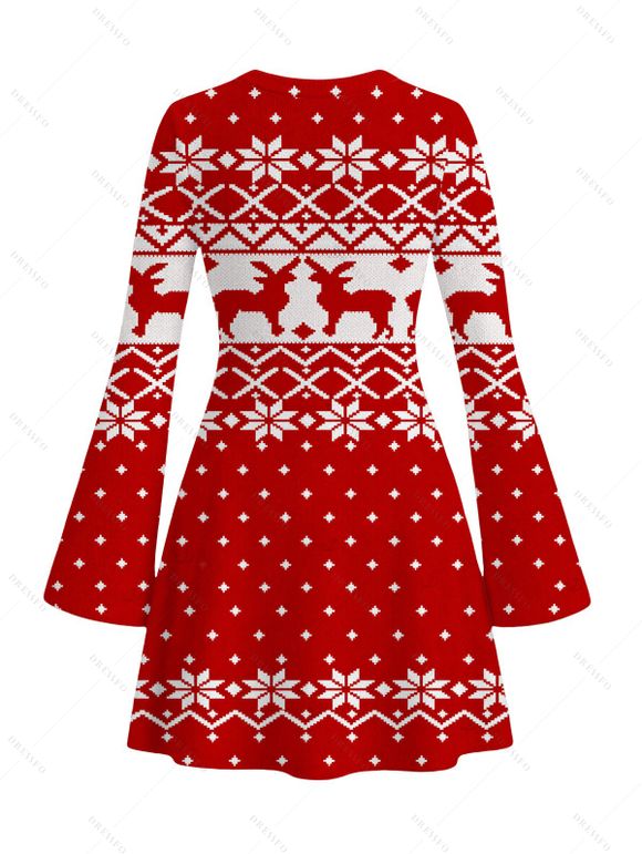 Christmas Dress Elk Snowflake Geometric Print Bell Sleeve A Line Mini Dress - Rouge XL | US 12
