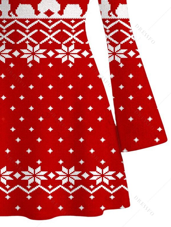 Christmas Dress Elk Snowflake Geometric Print Bell Sleeve A Line Mini Dress - Rouge XL | US 12